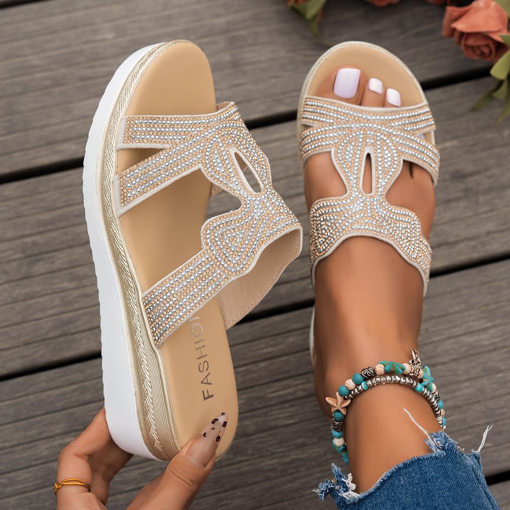 Women Platform Slippers Rhinestone Wedge Slippers 2025Summer New Casual Slippers for Women Outdoor Non Slip Beach Slides
