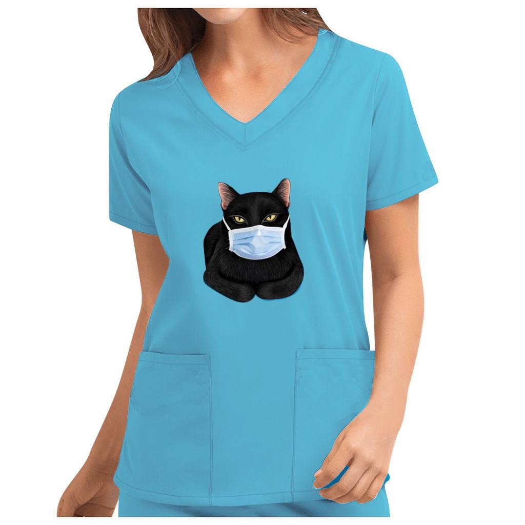 Women's Cute Print Short Sleeve V-neck Top Work  Solid Color Pocket Top
