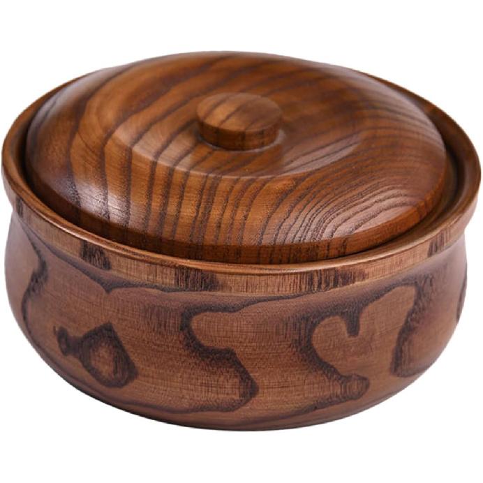 Decorative Wooden Bowl with Lid Premium Solid Wood Serving Bowl for Salad Rice Noodles and Soup and Easy To Clean Home and Restaurant Use