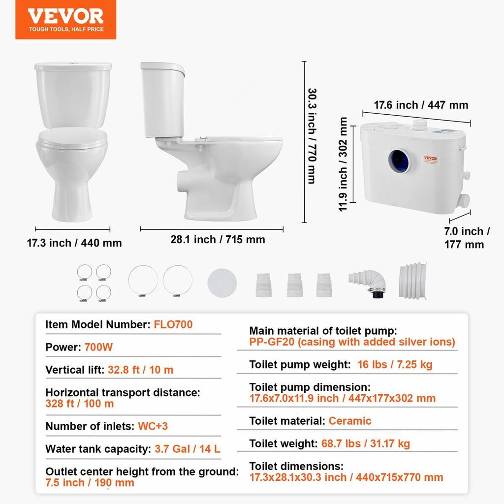 Macerating Toilet System with 700W Pump Upflush Toilet For Basement