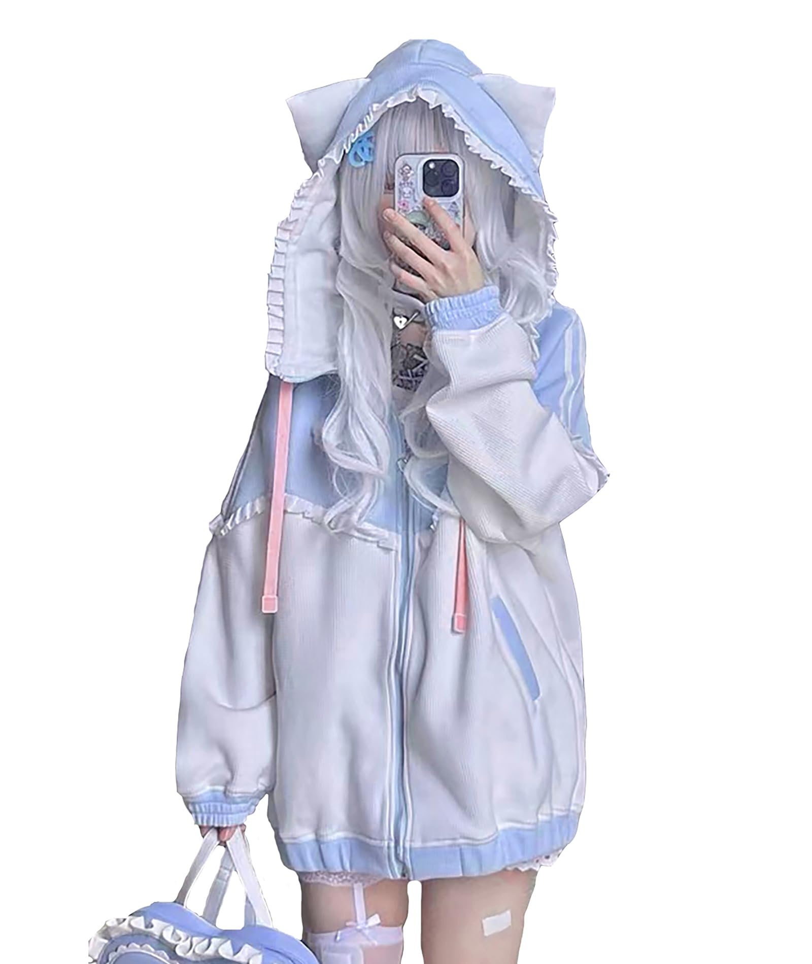 

XHSUKADO Стильное женское худи с длинным рукавом, кошачьими ушками, на молнии, топ, толстовка, верхняя одежда, голубое, ангельская расцветка, тонкое, +