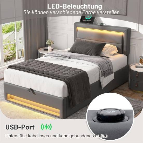 Upholstered Bed Large Storage Space LED Lighting Sturdy Construction Good Load Capacity with USB Ports Modern Upholstered Bed Bedroom