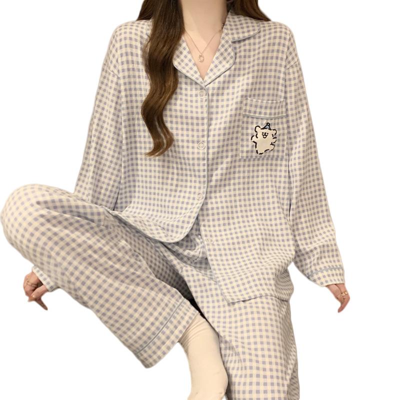 Girls Line Puppy Plaid Pajamas Women'S Cloud Cotton Thin Long Sleeve Suit Loungewear