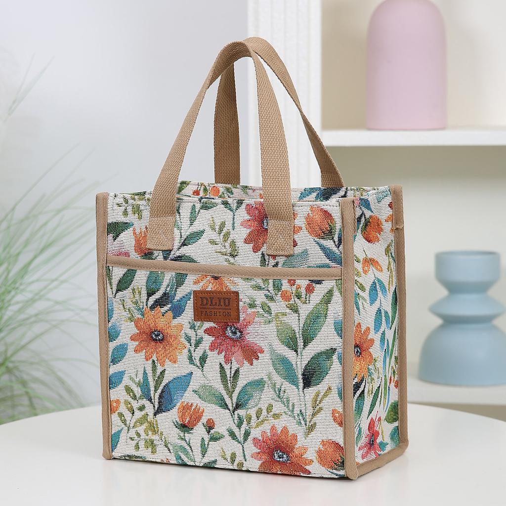 Thick Knitted Floral Fabric Tote Bag, Lunch Bag, Bento Bag, Large Capacity Portable Storage Bag, Handbag