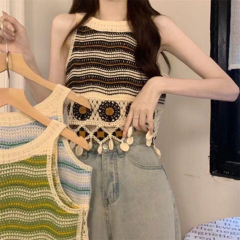 Hollow Flower Embroidery Knitted Crochet Camisole Summer Women's Retro Ethnic Design Tassel Short Top