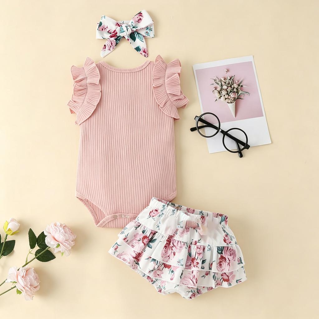 Baby Girls Sleeveless Ruffle Romper Floral Printed Skirt Set with Headband Cotton Soft Fabric Infant Toddler Outfit