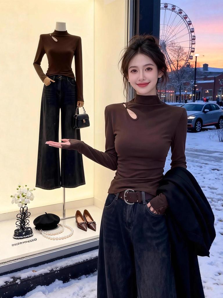 Comfortable Semi-High Neck Lace Beaded Hollow Long-Sleeve Top.