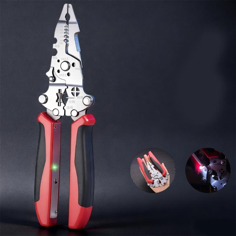 Space Saving Foldable Electrician Pliers Tool With Illumination For Wire Stripping Cutting And Crimping In Low Light