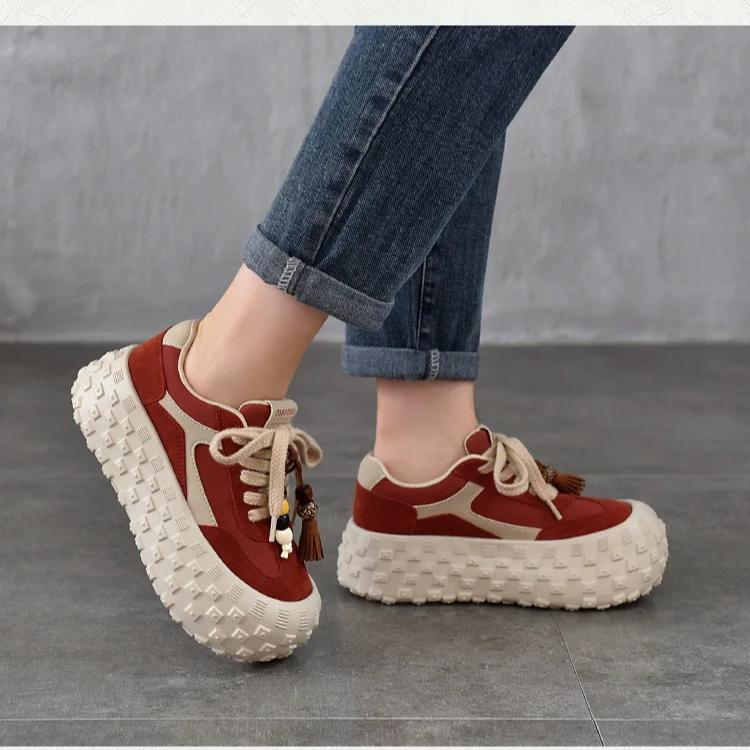 Johnature Genuine Leather Casual Lace Up Shoes Lightweight Thick Soled Height Increasing Women's Platform Shoes