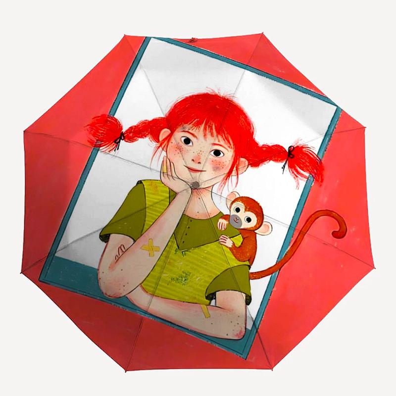 Pippi Longstocking Themed Travel Umbrella-8 Ribs Automatic Opening and Closing, Portable Folding Design, Compact and Stylish Umbrella Suitab