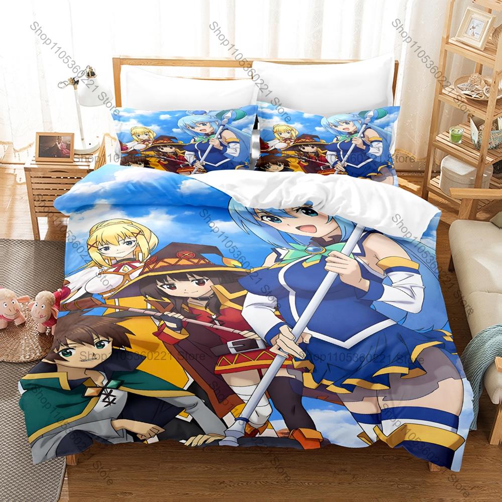 KonoSuba Bright Colorful Isekai Fantasy Hilarious Adventure Mage Goddess Knight Anime Bedding Set Duvet Cover + 2 Pillowcases