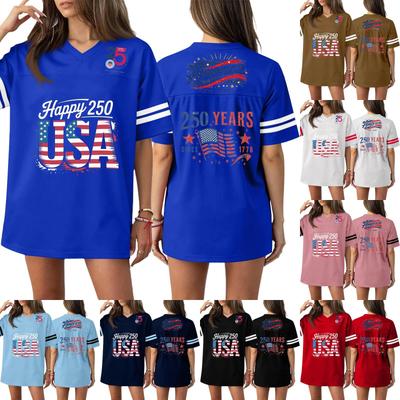 T-shirt Sport Haut Casual Mode Femme Col en V Impression Jour de l'Indépendance Manches Courtes