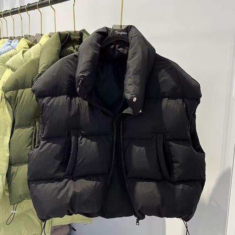 Women Mock Neck Zipper Up Solid Warm Vest Coat Casual Loose Thicken Jacket Coat Women Puffer Jackets Autumn Winter