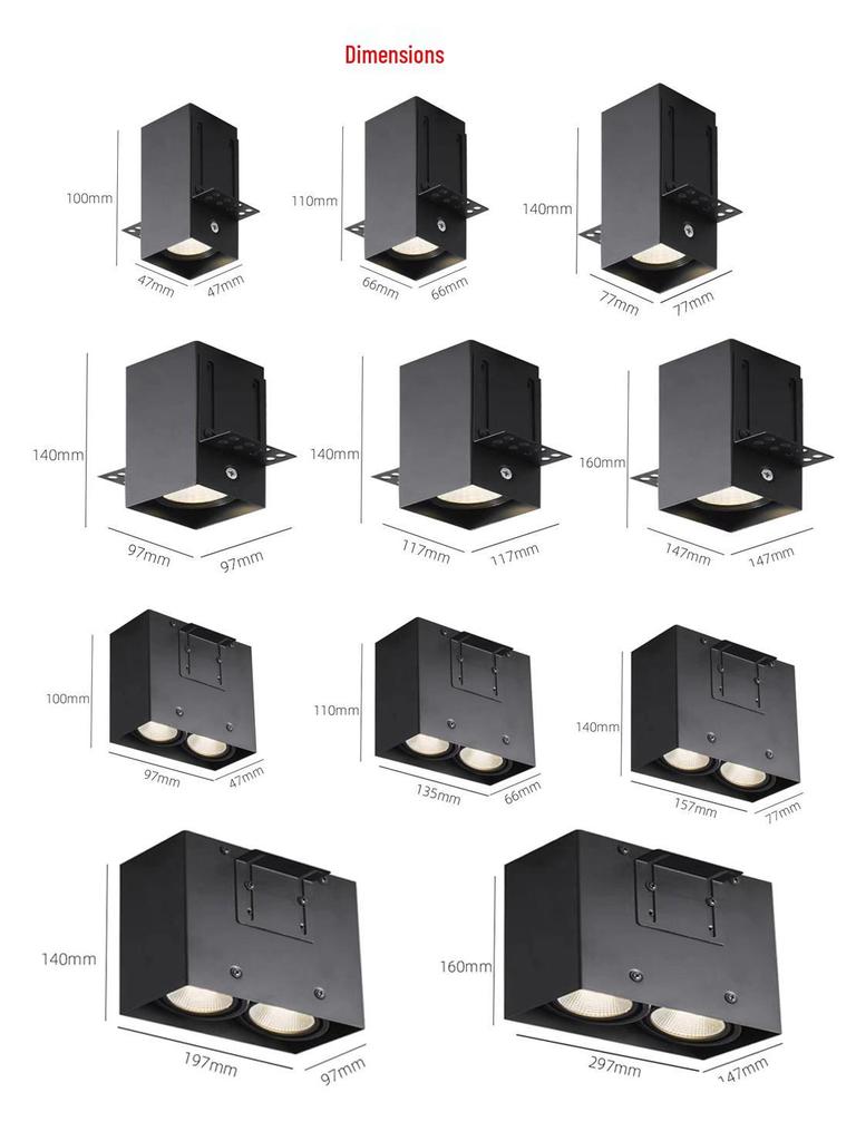 LED Aluminum Square Tube Light - Commercial Spotlight with Super Bright COB Grille Baffle, Single & Double Head Options