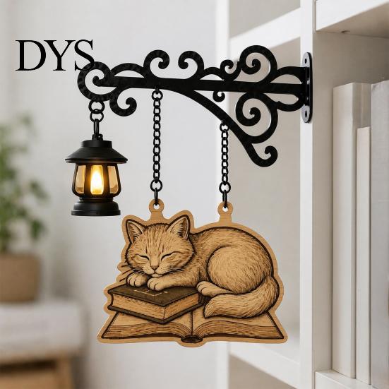 Cat Decor for Book Lovers Vintage Bookshelf Light with Sleeping on Design, Retro Lantern Unique Craft Gifts Students Lamp Reading, Decorative
