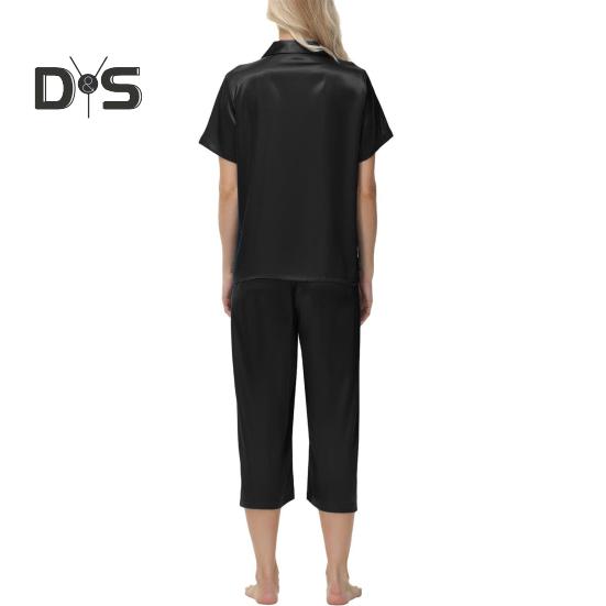 2-teiliges Set aus Seidenpyjama mit Revers und Button-Down-Langarmhemd, elastischer Bund, weites Bein, verkürzte Hose, Homewear, lässiges Outfit, Frühlingsnachtwäsche