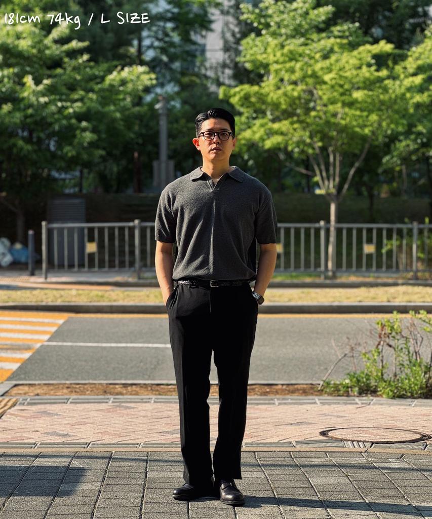 CUZNELLO Cool Cotton Open Collar Short Sleeve Knit_Charcoal