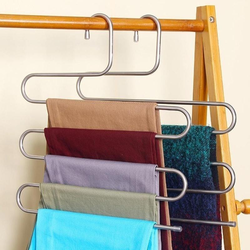 New 5 Layers Stainless Steel Trousers Hanger Pants Clothes Holder Rack S Shape