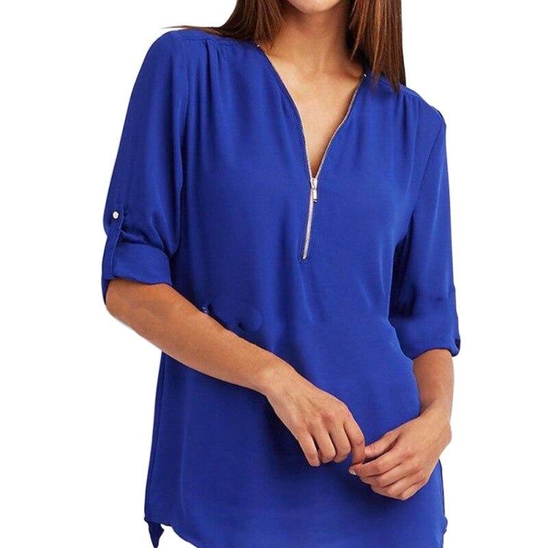 Women's V-neck Zipper Plus Size Long-Sleeved Retractable Sleeves Loose Chiffon Shirt Top M-5XL