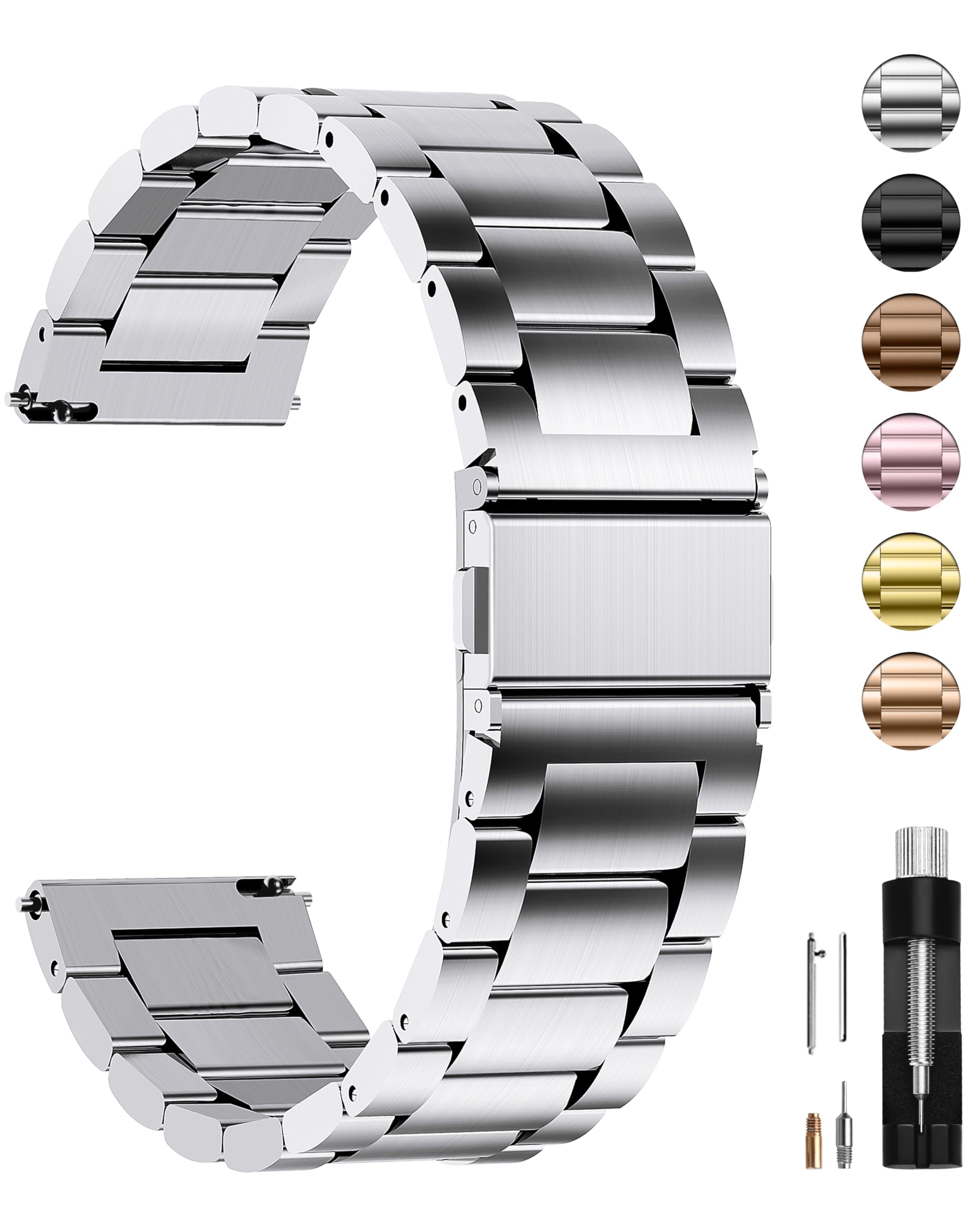 

Fullmosa Replacement Watch Band, 18mm, 20mm, 22mm, 24mm, Stainless Steel, Metal Band, Business Style, Includes Strap Adjustment Tool [Silver, 22mm]