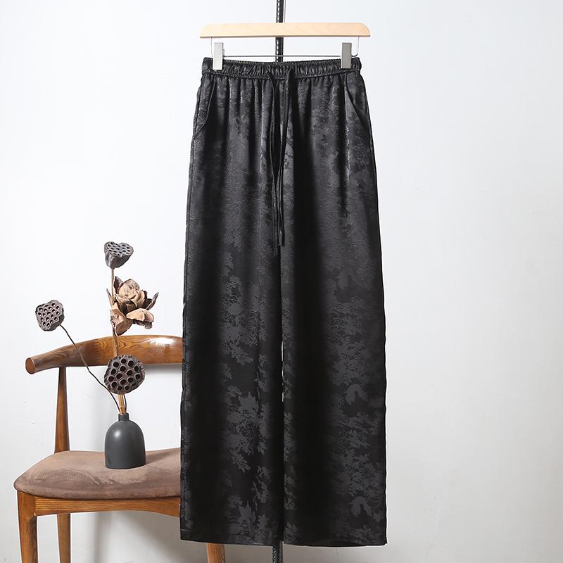 Dámské kalhoty s vysokým pasem, žakárové, s rovnými nohavicemi - Volné, zeštíhlující, ležérní jarní/letní oblečení pro ženy středního věku.