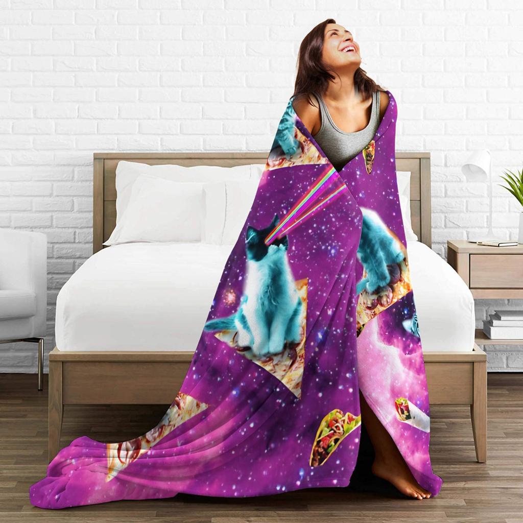 Outer Space Pizza Cat Rainbow Laser Eyes Blanket Flannel  Winter  Portable Soft Throw Blanket for Bedding