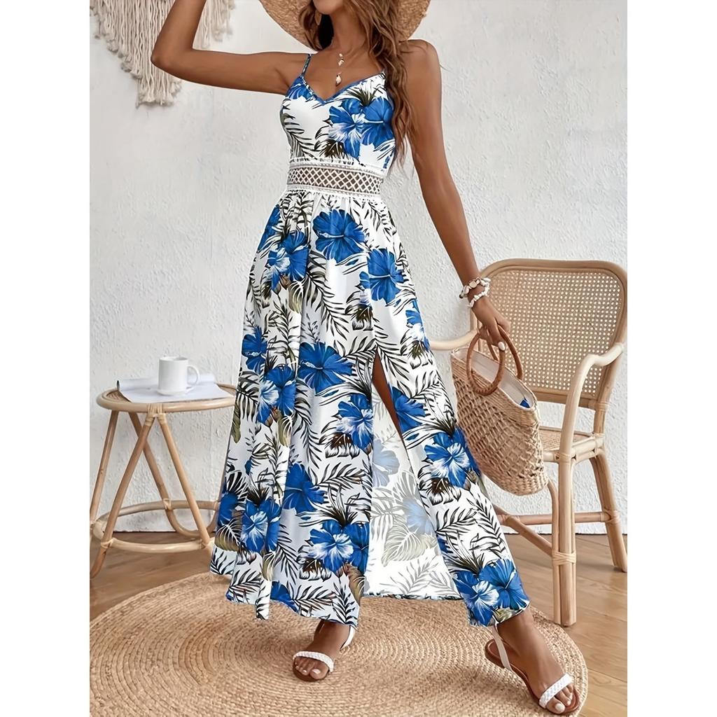 Damenkleid, Bedruckt, Träger-V-Ausschnitt, Häkelstich, Schlitzkleid, Geblümt, Bedrucktes Kleid