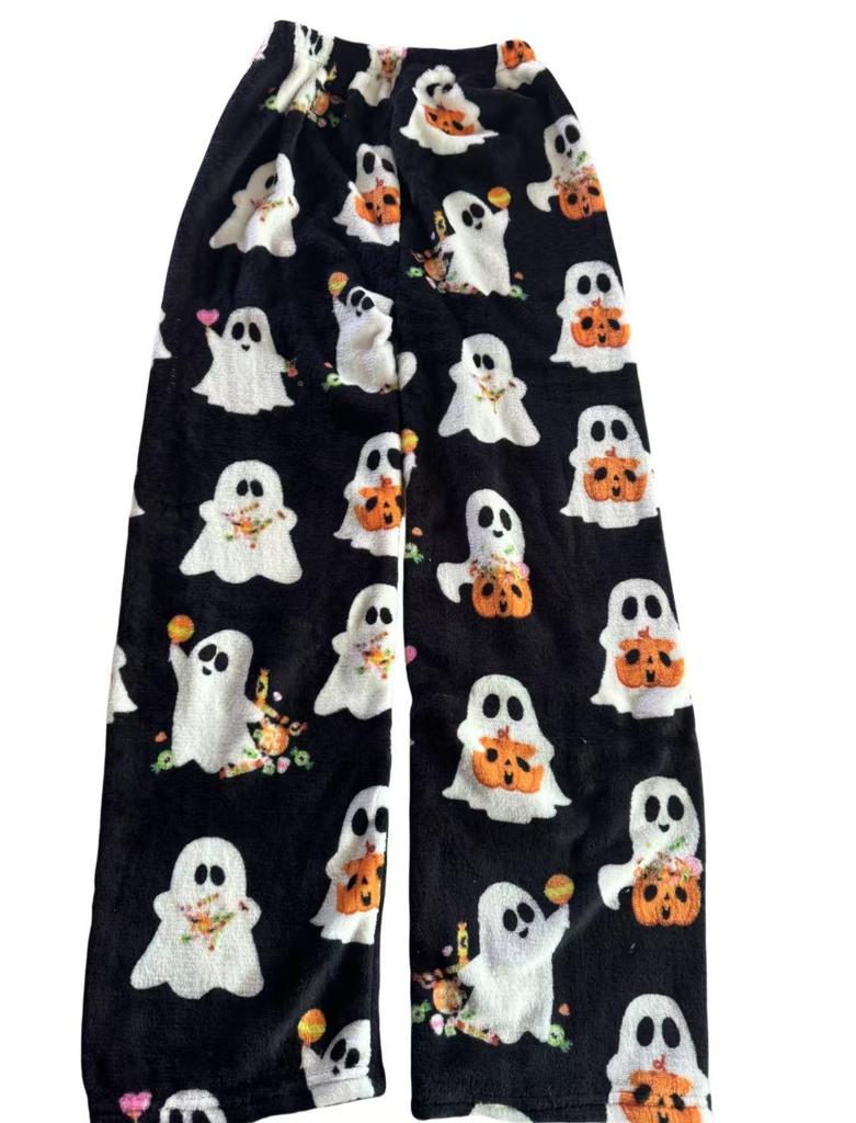 Halloween Cartoon KT Cat Flannel Sleep Pants: Women's Autumn-Winter Plus Velvet Warm Casual Graffiti Homewear.