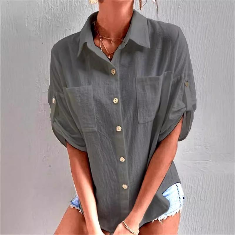 Women Lapel Double Pocket Textured Roll Tab Sleeve Loose Casual Shirt