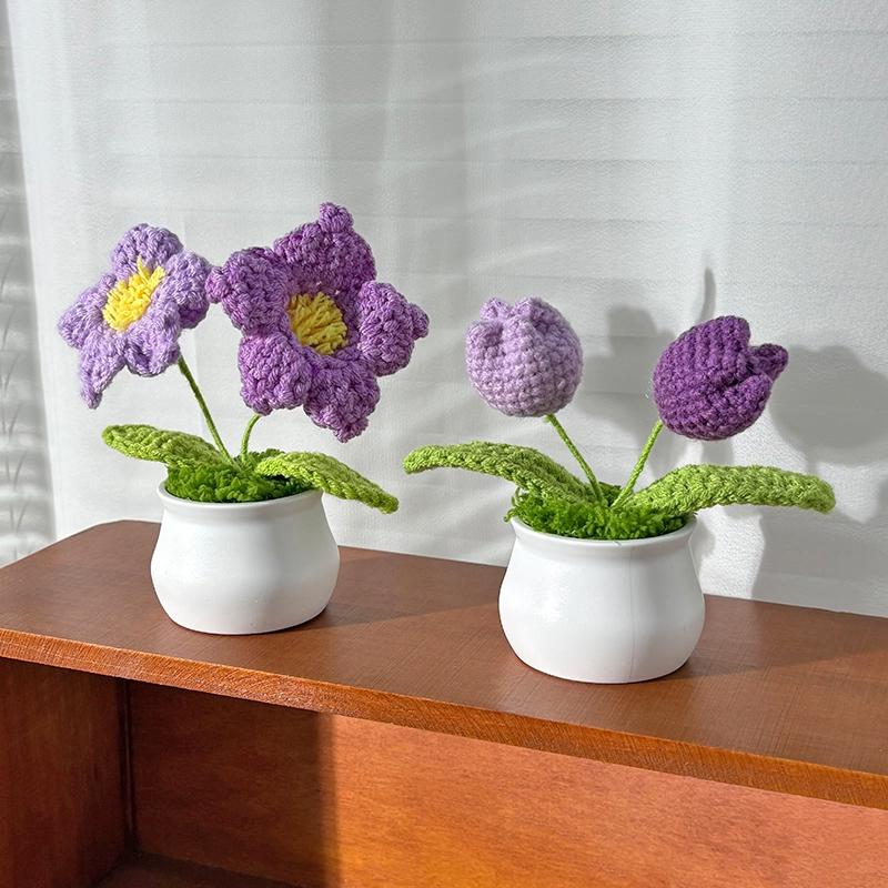 Artificial Flowers Potted Crochet Flower Ornament Desk Accessories Room Decoration Home Decor Holiday Gifts