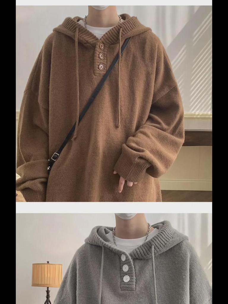 Men's Winter 2024 Casual Knitted Hooded Sweater - Button Design Pullover