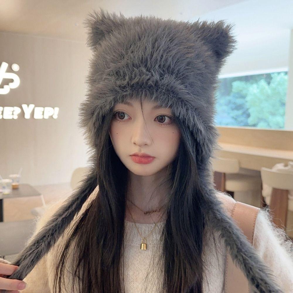 Solid Color Beanies Cap Windproof Women Earmuffs Cap Cute Winter Bear Ears Hat