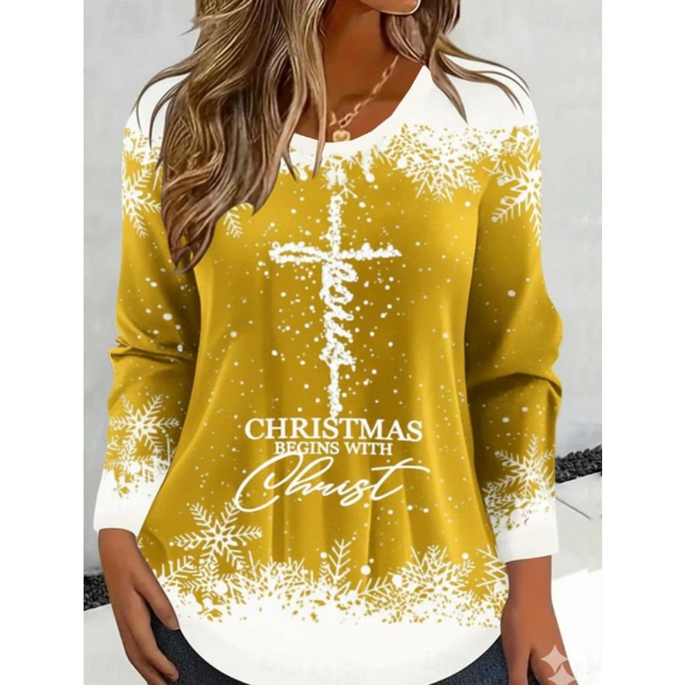 Tops for Women Christmas Season Print Round Neck Long Sleeve T-shirt Fall Casual Slim Pullover Women's Long Sleeve Top