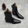 Retro Genuine Leather Pointed Ankle Boots for Slimming and Thick-heeled Women's Boots and Shoes