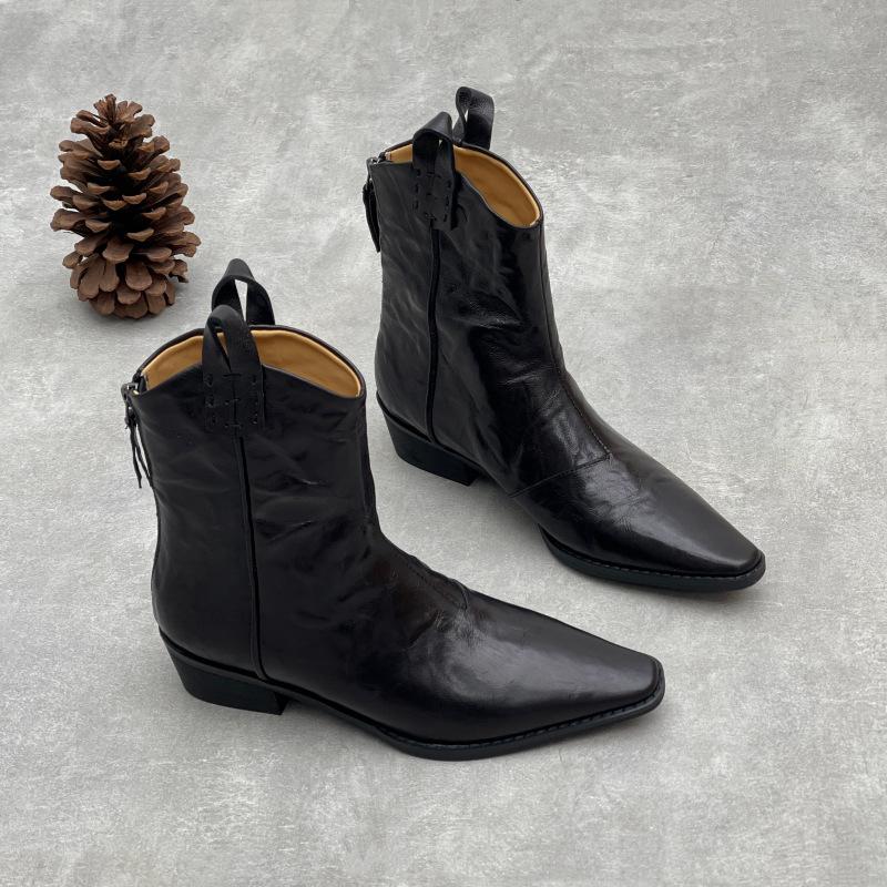 Retro Genuine Leather Pointed Ankle Boots for Slimming and Thick-heeled Women's Boots and Shoes