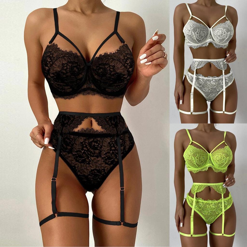 European & American Sexy Lace Christmas Lingerie Set - Nightclub Three-Piece with Bondage Leg Ring