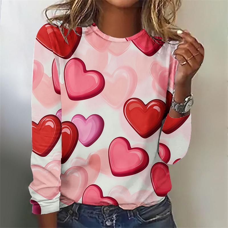 Spring and Autumn Round Neck 3D Love Heart Graphic Printed Top Fashionable Elegant Casual Long Sleeved Women's T-shirts