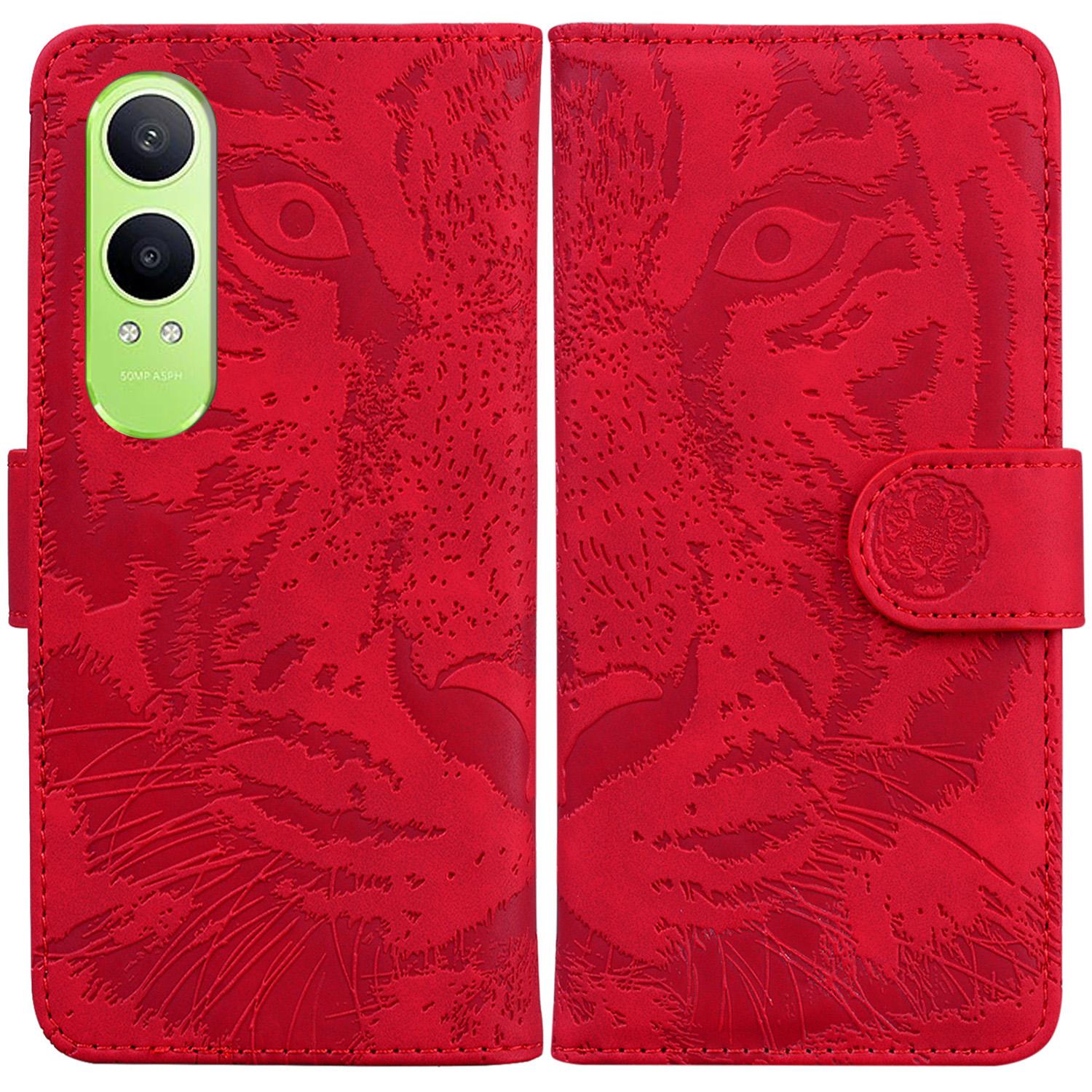 

For OnePlus Nord CE4 Lite 5G/Oppo K12x 5G (China) Case Tiger Imprint Leather Shockproof Wallet Phone Cover Red