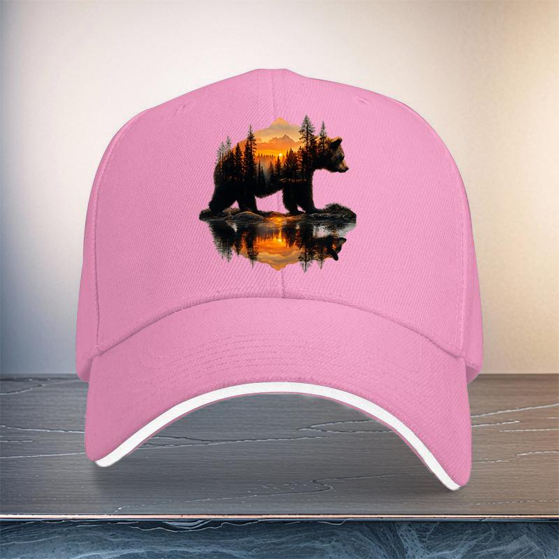 Bear Forest Sunset Reflection Graphic Baseball Cap Unisex Polyester Casual Outdoor Adjustable Hat