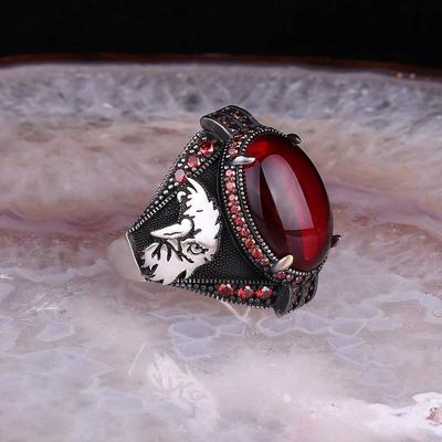 Vintage Handmade Turkish Signet Ring for Men Women Silver Color Carved Eagle Ring Black Zircon Inlay Punk Motor Biker Ring