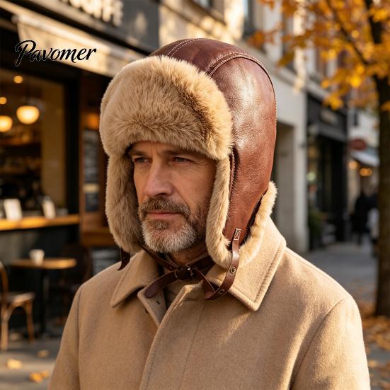 Winter Faux Leather Pilot Hat Fur Trapper Hat, Ushanka with Ear Flaps, Plush Lining, Windproof Fashionable Casual Warm Retro Fuzzy Earflap for