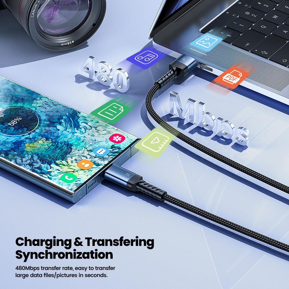 3A A-C Fast Charge Cable, Braided Extended Strain Relief Data Line for Mobile Phones