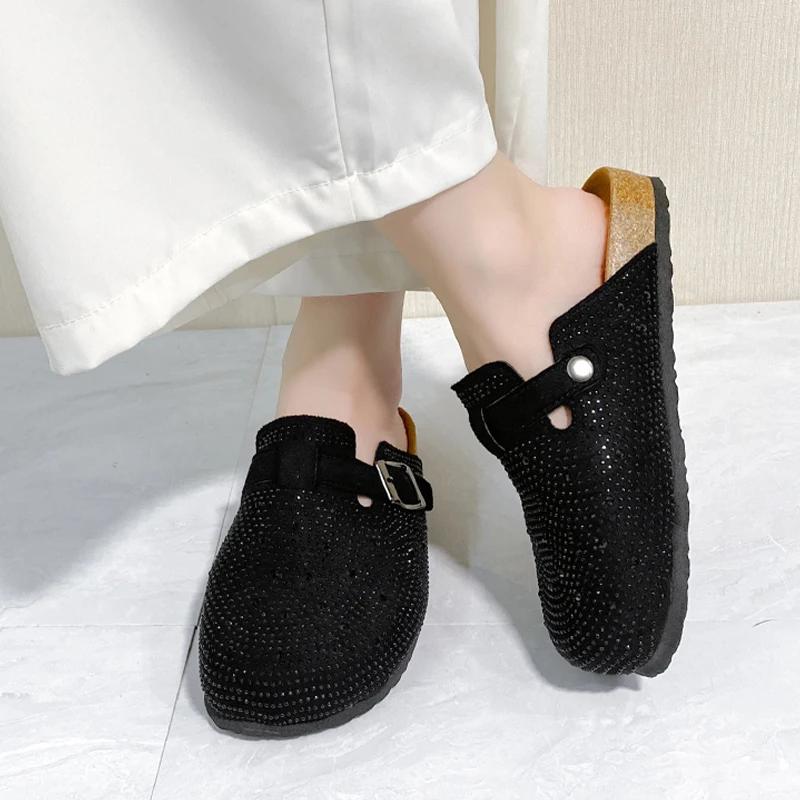 

модные женские туфли-мюли с кристаллами, туфли на плоской подошве, тапочки 2024 года, осенние дизайнерские новые модные повседневные туфли для ходьбы, уютное трендовое платье Mujer Zapatos 45 чёрный