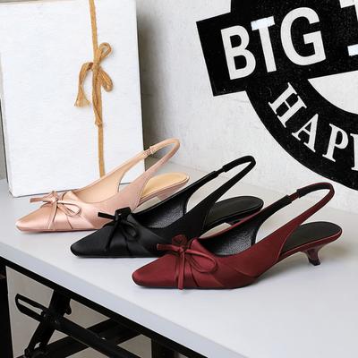 Fashion French Banquet Silk Bow Thin Heel Shallow Mouth Single Shoes Women Pointed Toe Low Heels Back Empty Trip Strap Women's Shoes