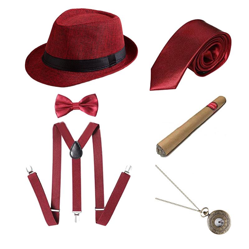 1Set 1920's Cosplay Costume Hat Pocket Watch Neck Tie Moustache Bowtie Gatsby Masquerade Accessories