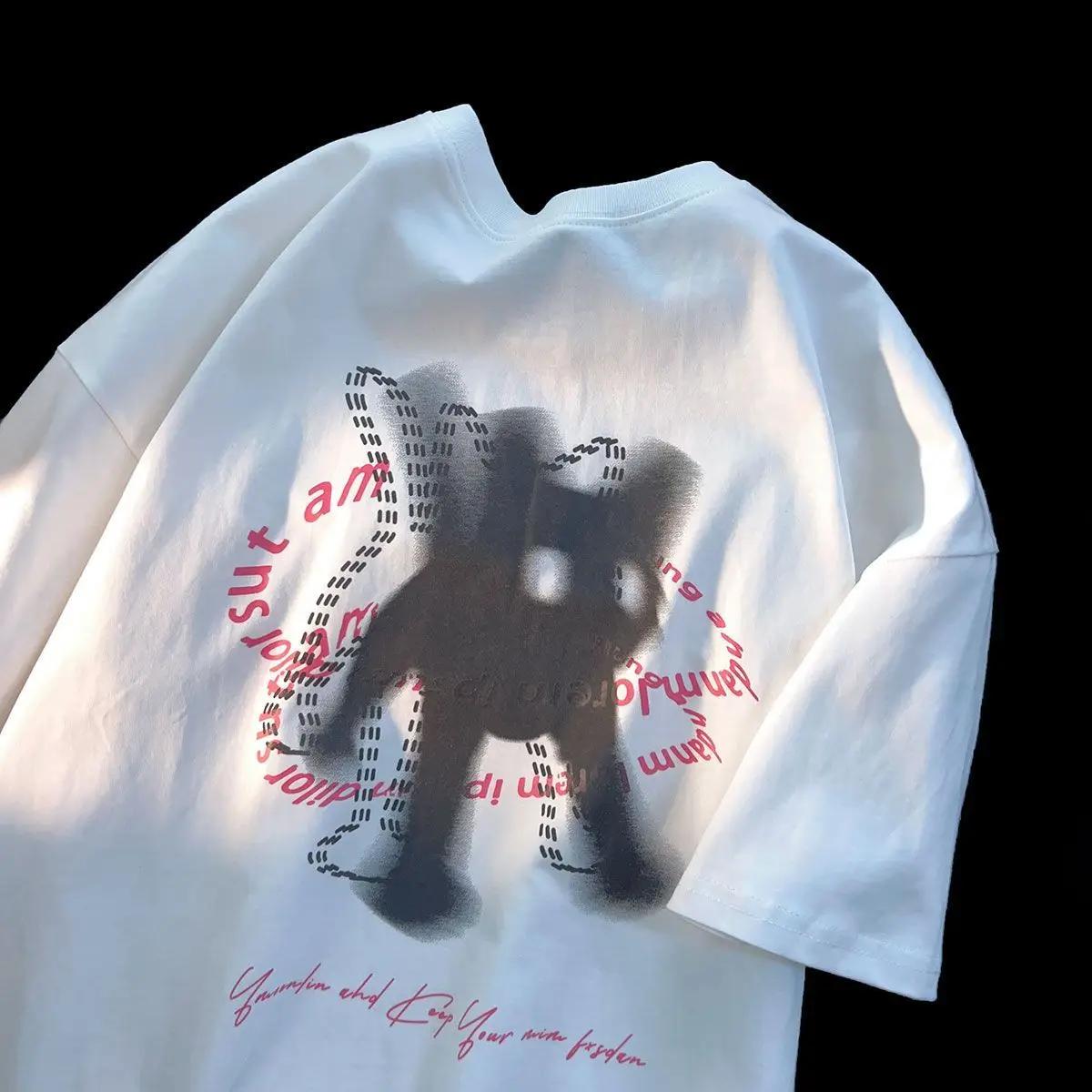 

American fun cat pattern printing round neck short-sleeved t shirt men and women summer loose design couple half sleeved hip hop S