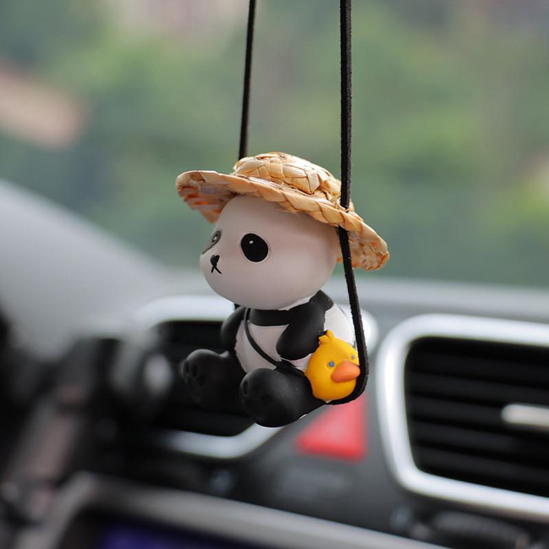 Cross-border Exclusive Cartoon Panda Car Pendant Resin Material Cute Style Grass Hat Panda Automotive Ornament
