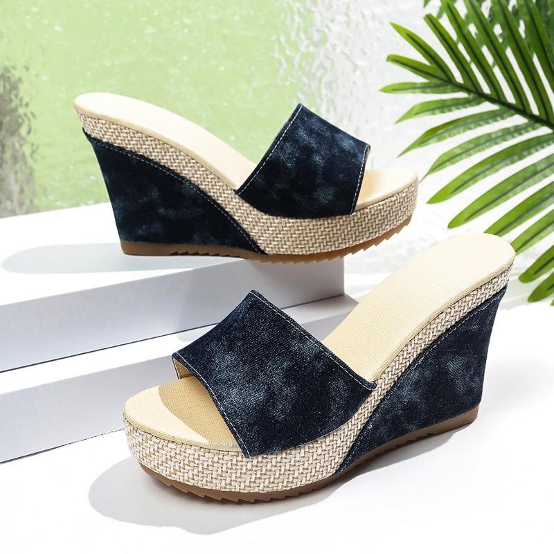 

Женские летние модные шлепанцы для улицы, на водной платформе, на танкетке, крутые шлепанцы, толстая подошва, высокий каблук, подошва-маффин, шлепанцы с перемычкой 35 темно-синий