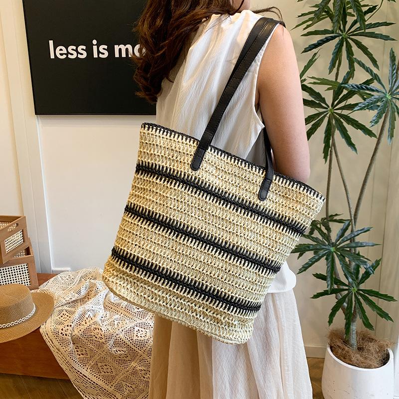 Bag spring new ins contrast stripe woven large capacity women's tote bag commuter shoulder bag beach bag