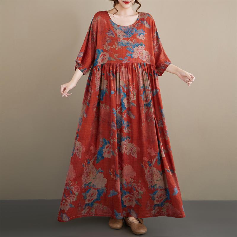 DIMANAF New 2026 Summer Women Plus Size Vintage Lady Long Dress Beach Loose Oversize Maxi Floral Print Cotton